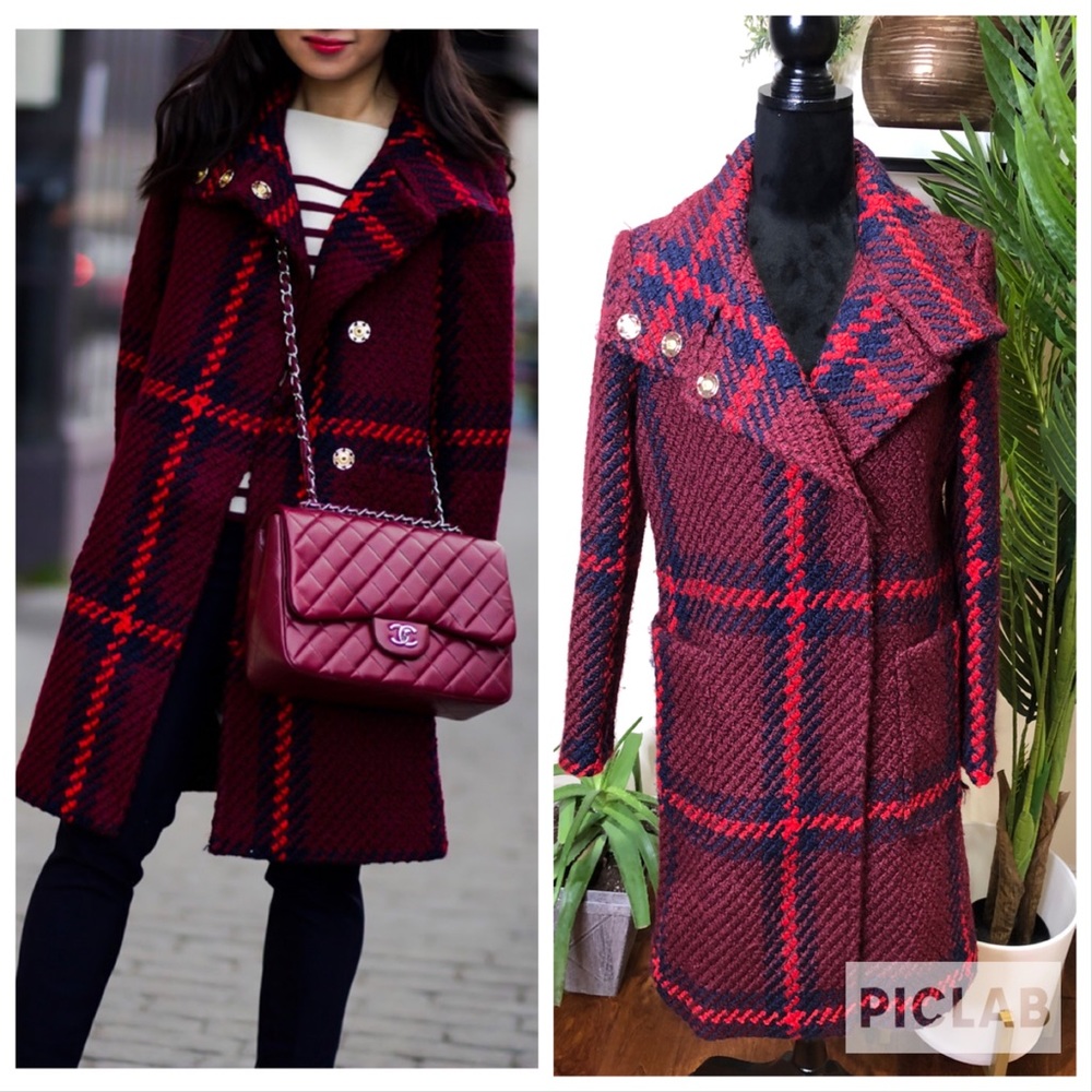 Ann Taylor Plaid Funnel Neck Wool Blend Winter Coat Burgundy Red Navy Small-Tall